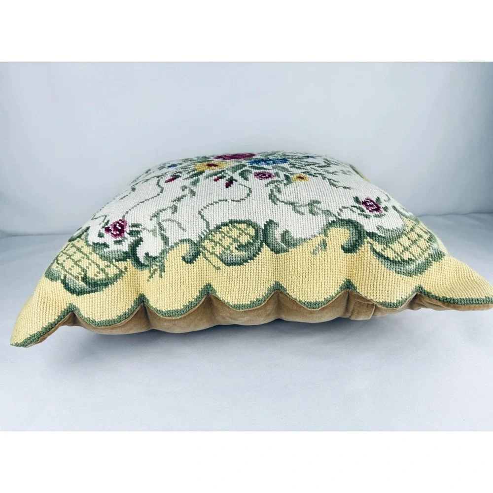 Needlepoint Pillow - Floral Design, Velvet Back, Cottagecore Flowers Grannycore